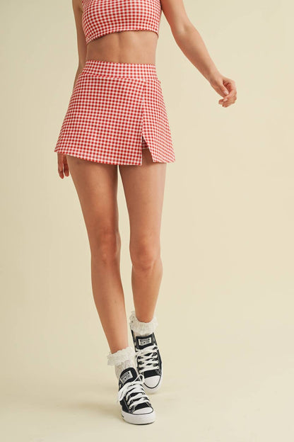 Gingham Print Side Slit A-Line Skort