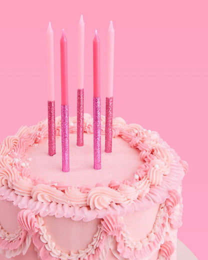 Pink Glitter Party Cake Candles | 10 Pack, Birthday, Toppers