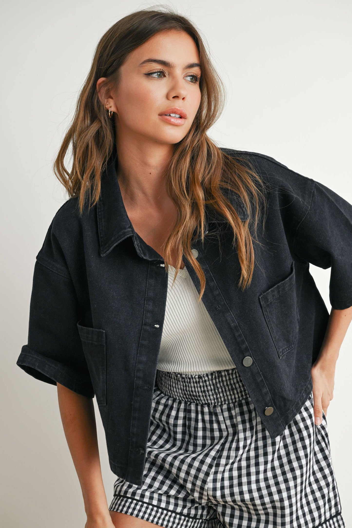 Button Front Cropped Shirt - BMJ7681