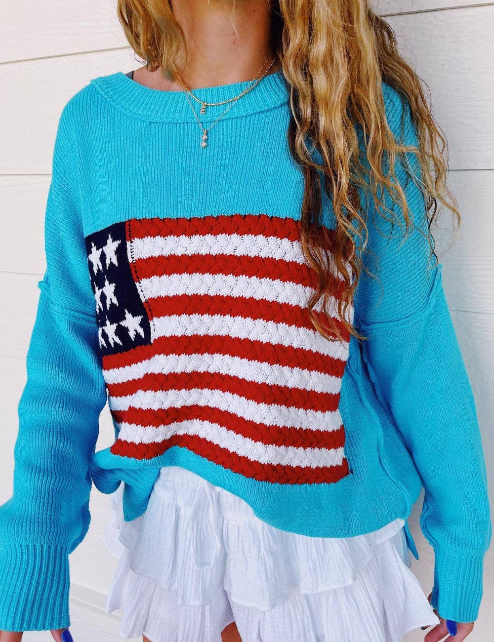 Ladies Round Neck American Flag Pullover Sweater