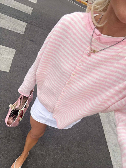 Lightweight Cozy roll neck cardigan in stripe