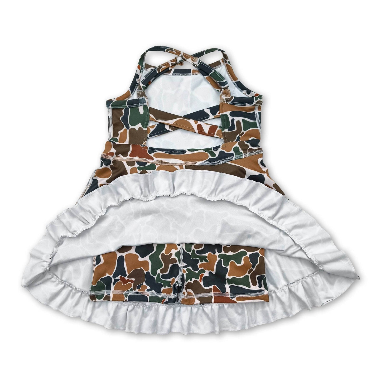 Grey camo straps ruffle girls athletic dress