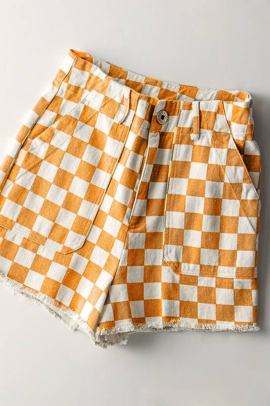 Retro Racing Checkered Print Side Pocket Cotton Shorts
