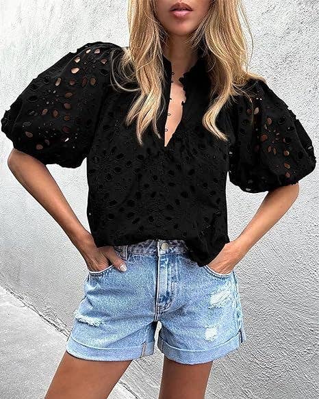Bohemia Crochet lace Eyelet high neck short sleeve blouse
