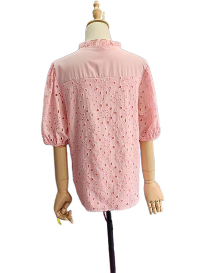 Bohemia Crochet lace Eyelet high neck short sleeve blouse
