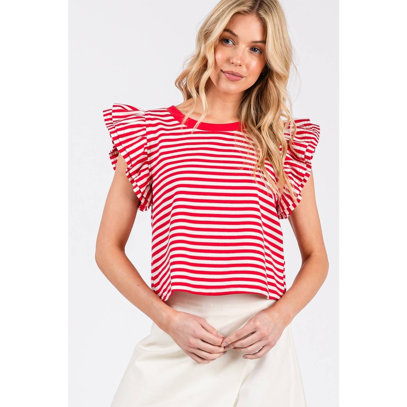 STRIPED DOUBLE RUFFLE SHORT SLEEVE CONTRAST TOP