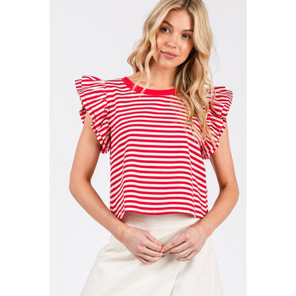 STRIPED DOUBLE RUFFLE SHORT SLEEVE CONTRAST TOP