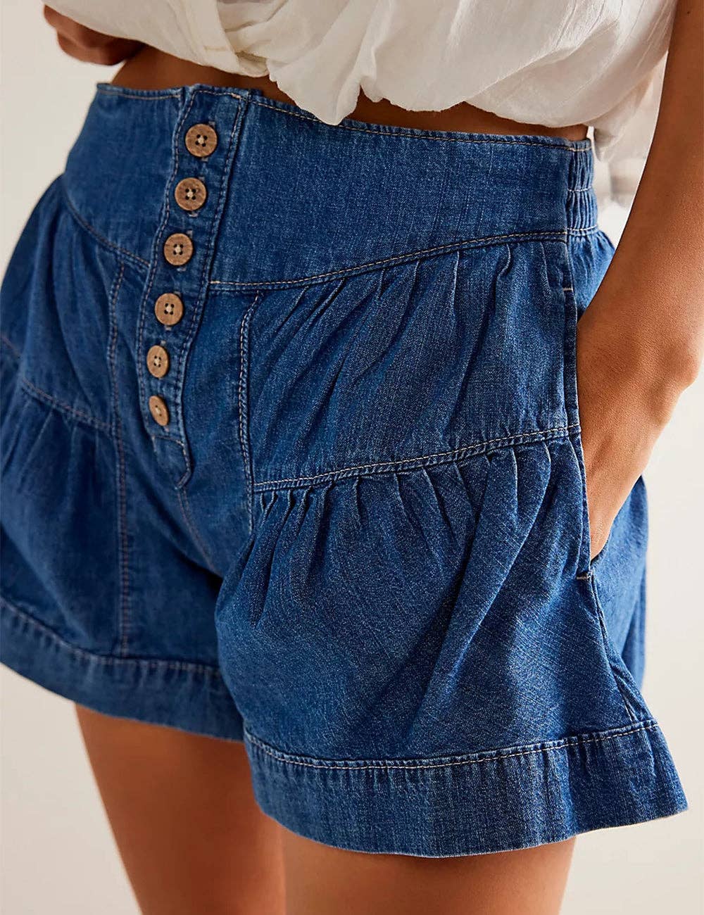 Ladies Solid Color Cotton Denim Shorts