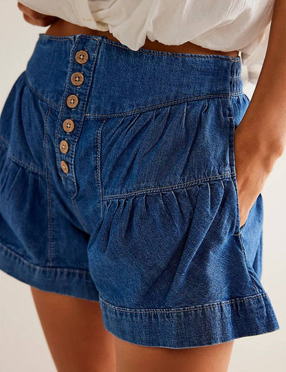 Ladies Solid Color Cotton Denim Shorts