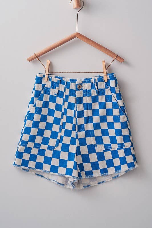 Retro Racing Checkered Print Side Pocket Cotton Shorts
