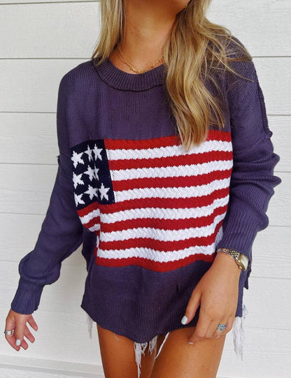 Ladies Round Neck American Flag Pullover Sweater