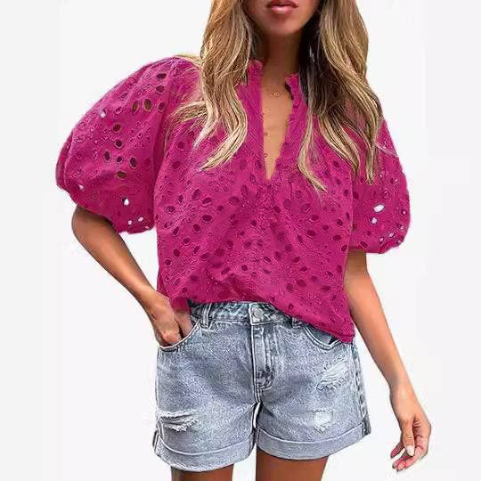 Bohemia Crochet lace Eyelet high neck short sleeve blouse