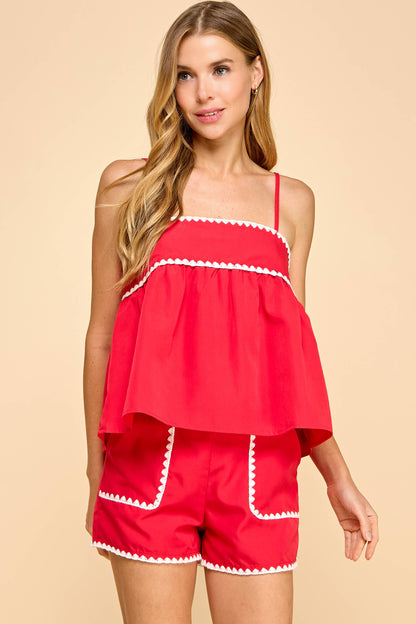 CT9312-Triangle Embroidery Stitch Detail Sleeveless Top
