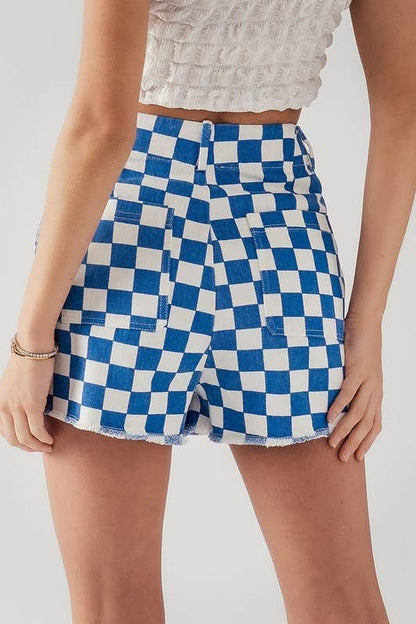 Retro Racing Checkered Print Side Pocket Cotton Shorts