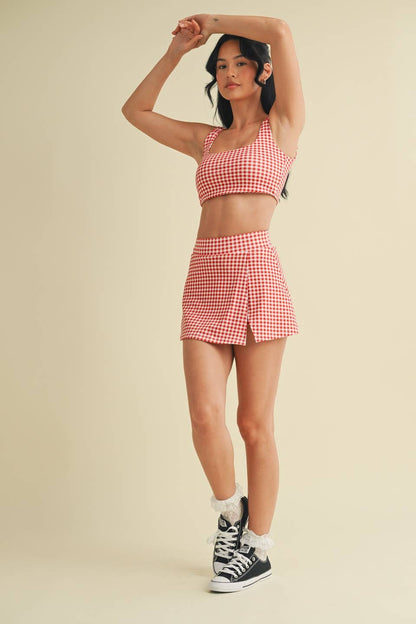 Gingham Print Side Slit A-Line Skort