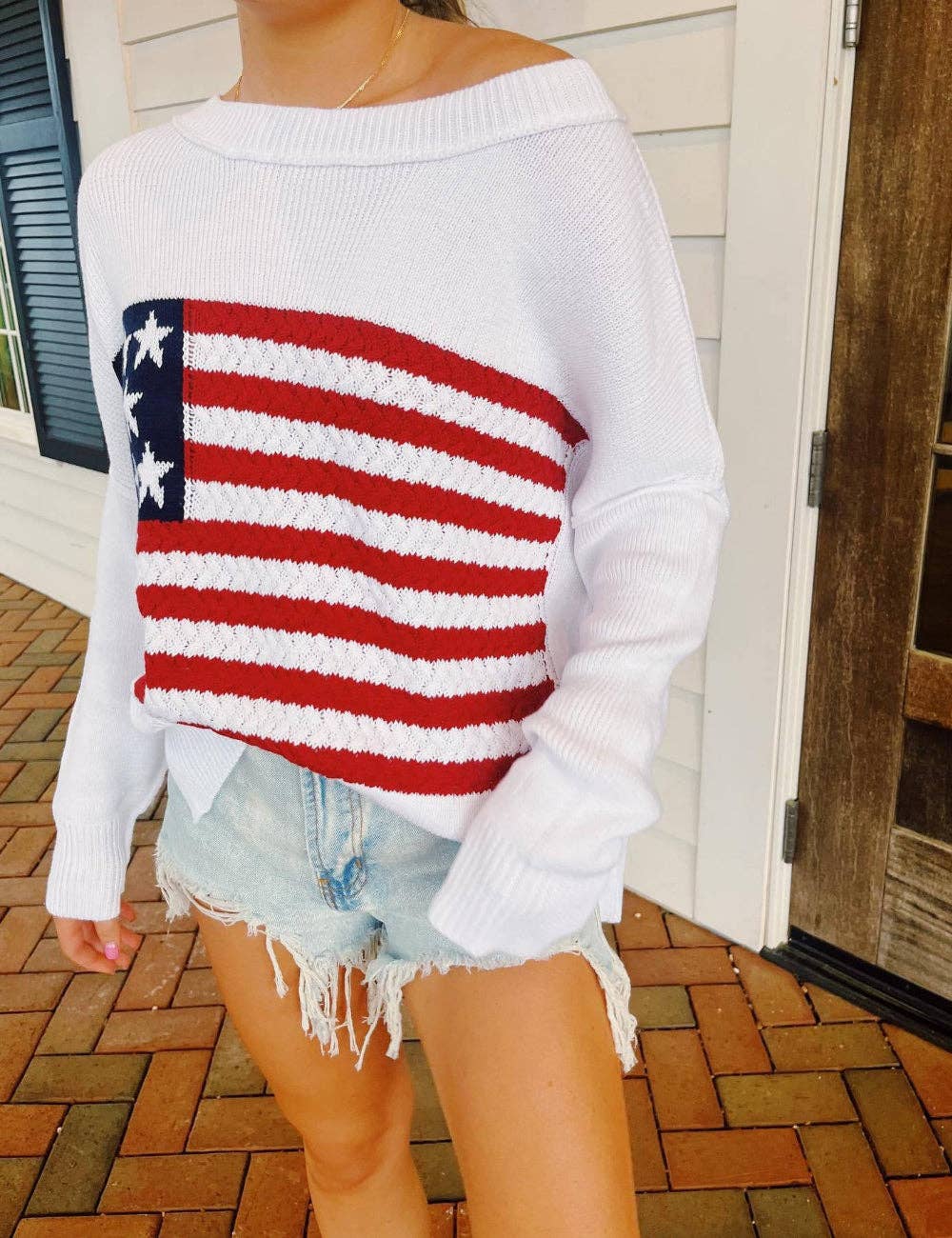 Ladies Round Neck American Flag Pullover Sweater