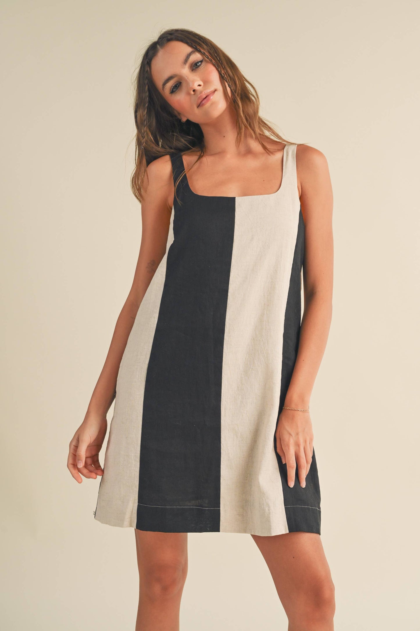 D3367 COLOR BLOCK LINEN MINI DRESS