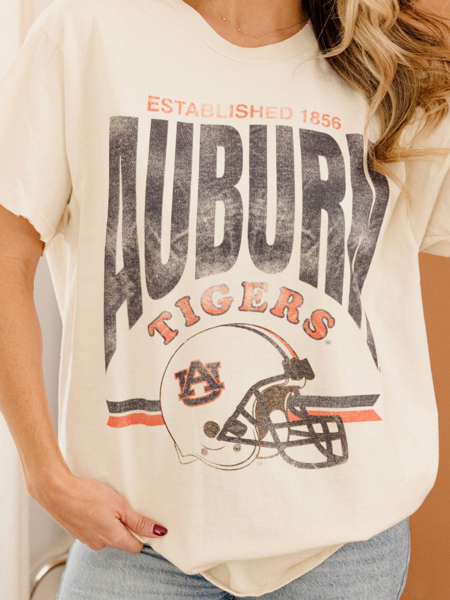 Auburn Tigers Established Date Helmet Off White Thrifted Tee