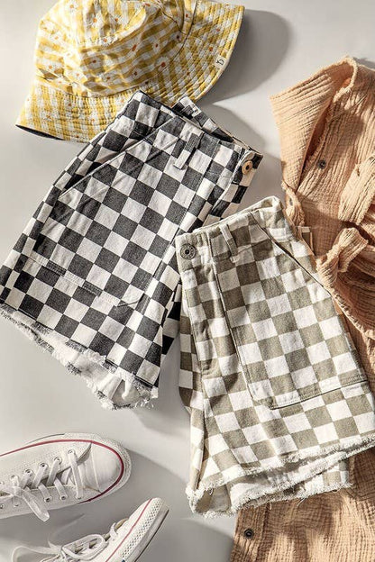 Retro Racing Checkered Print Side Pocket Cotton Shorts