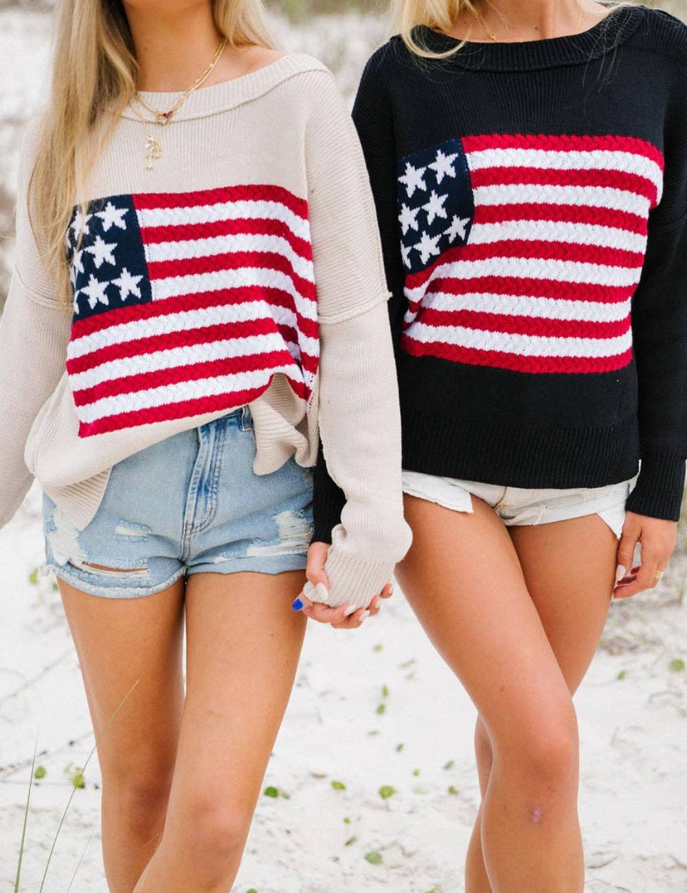 Ladies Round Neck American Flag Pullover Sweater