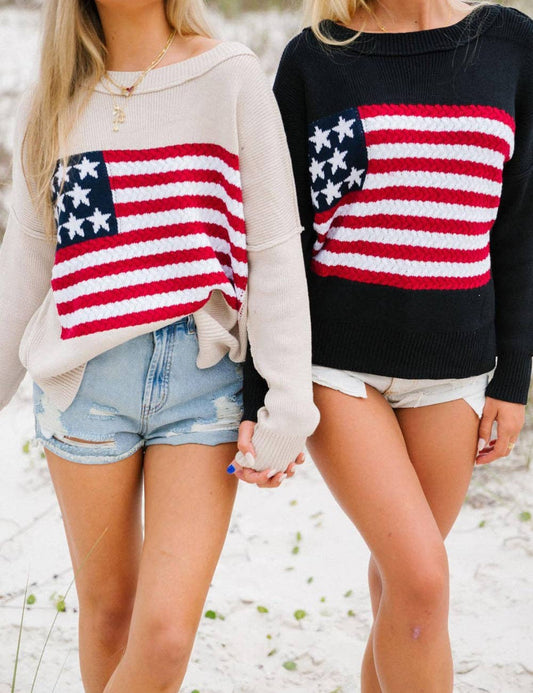 Ladies Round Neck American Flag Pullover Sweater