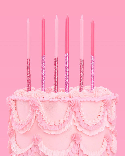 Pink Glitter Party Cake Candles | 10 Pack, Birthday, Toppers
