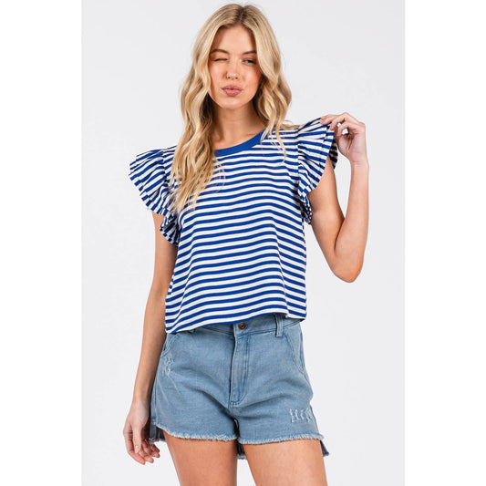 STRIPED DOUBLE RUFFLE SHORT SLEEVE CONTRAST TOP