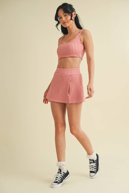 Gingham Print Side Slit A-Line Skort