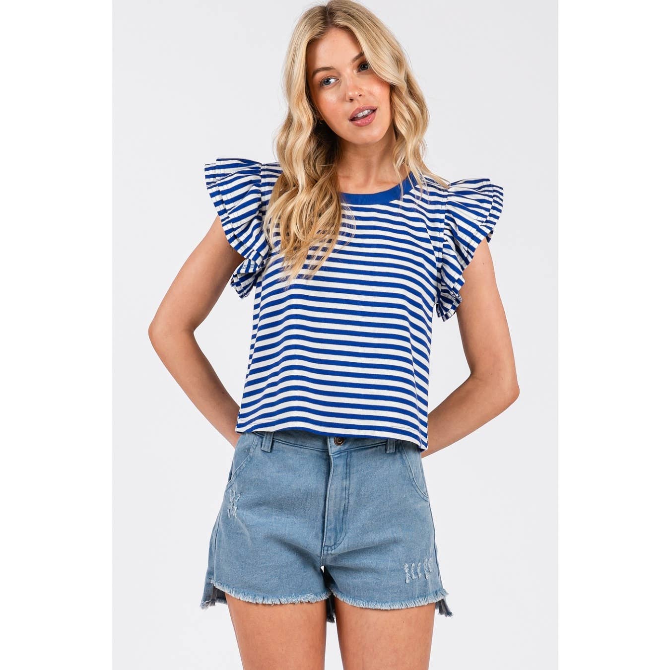 STRIPED DOUBLE RUFFLE SHORT SLEEVE CONTRAST TOP