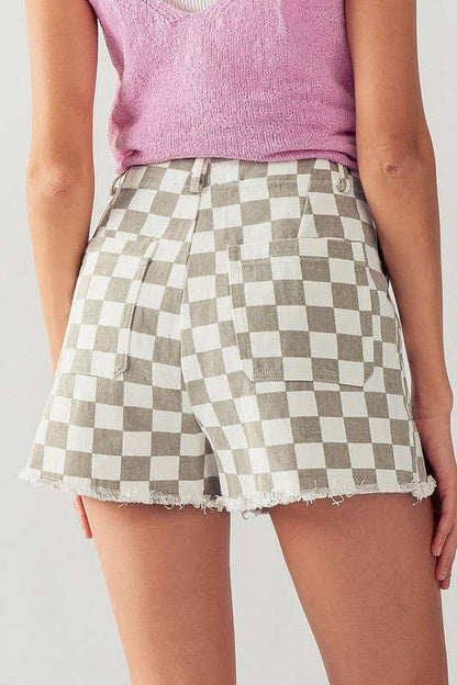 Retro Racing Checkered Print Side Pocket Cotton Shorts