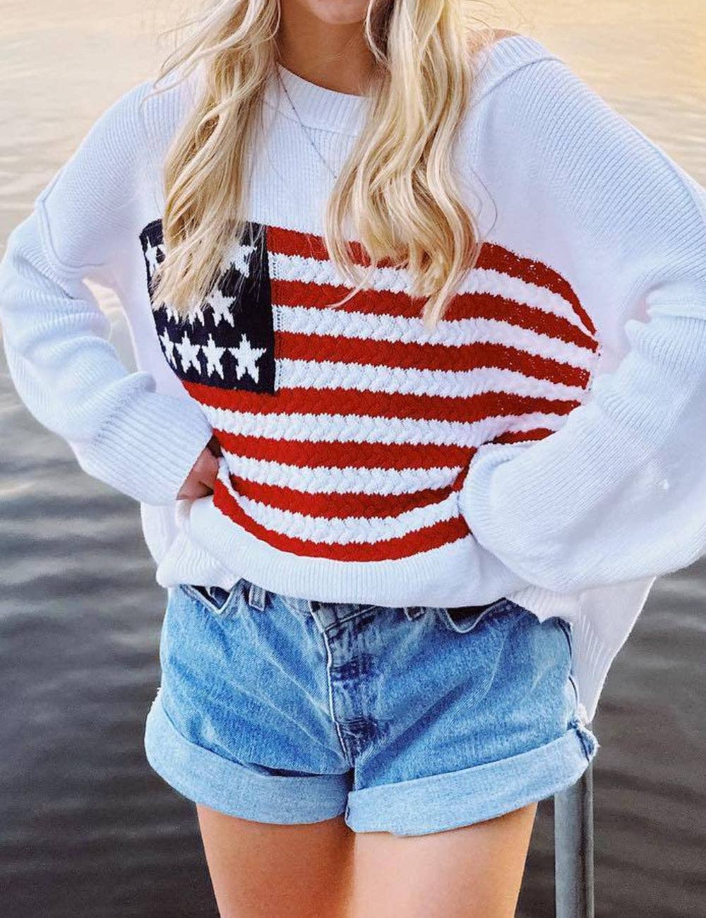 Ladies Round Neck American Flag Pullover Sweater