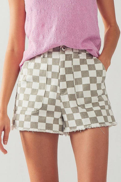Retro Racing Checkered Print Side Pocket Cotton Shorts