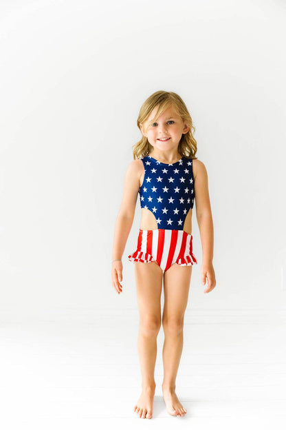 Girls American flag one piece side cut out swimsuit