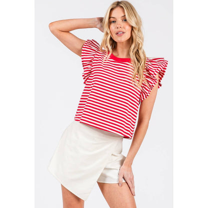 STRIPED DOUBLE RUFFLE SHORT SLEEVE CONTRAST TOP