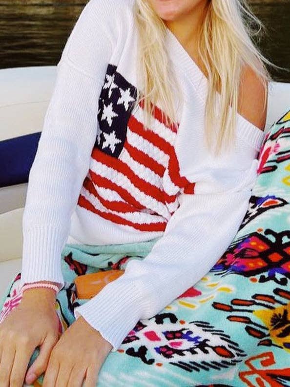 Ladies Round Neck American Flag Pullover Sweater