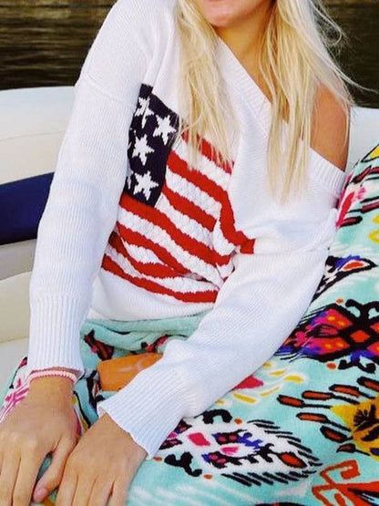 Ladies Round Neck American Flag Pullover Sweater