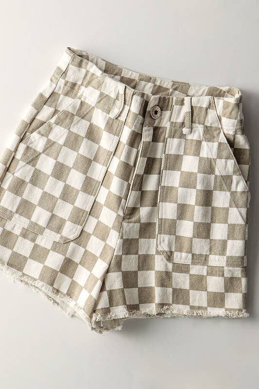 Retro Racing Checkered Print Side Pocket Cotton Shorts