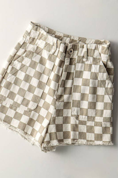 Retro Racing Checkered Print Side Pocket Cotton Shorts