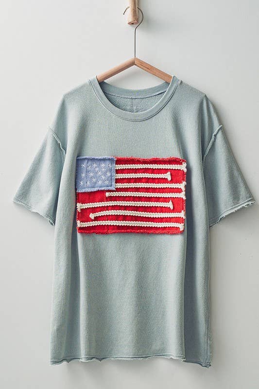 Distressed American Flag Applique Tee with Exposed Seams