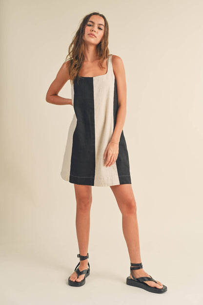 D3367 COLOR BLOCK LINEN MINI DRESS