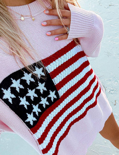 Ladies Round Neck American Flag Pullover Sweater