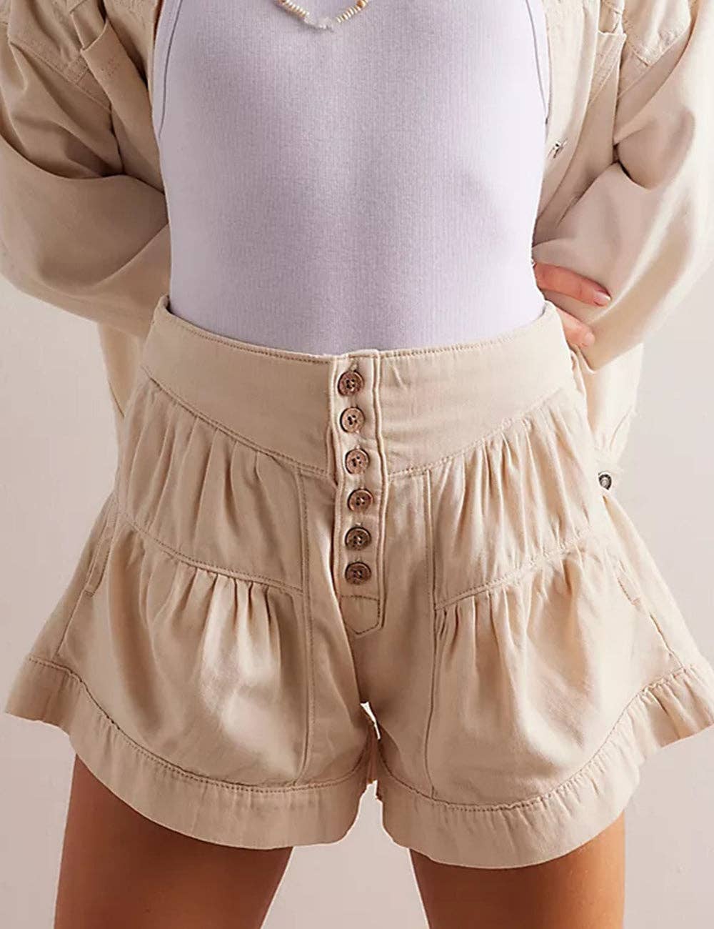 Ladies Solid Color Cotton Denim Shorts
