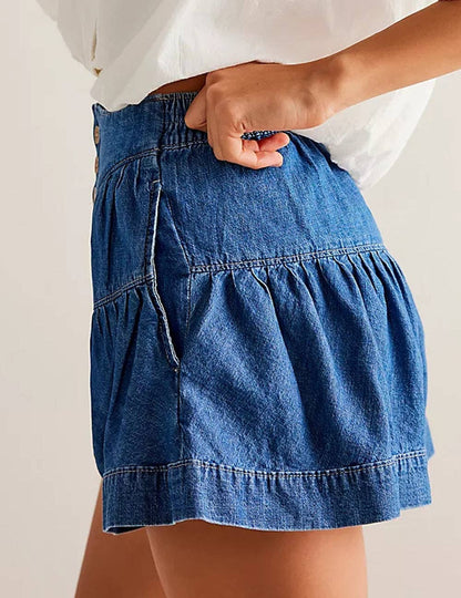 Ladies Solid Color Cotton Denim Shorts