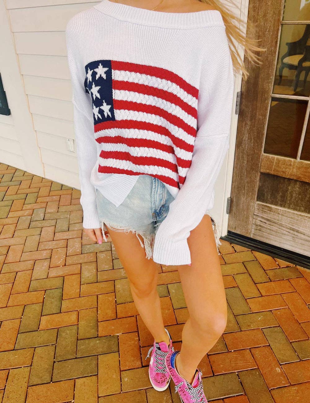 Ladies Round Neck American Flag Pullover Sweater