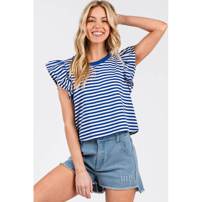 STRIPED DOUBLE RUFFLE SHORT SLEEVE CONTRAST TOP