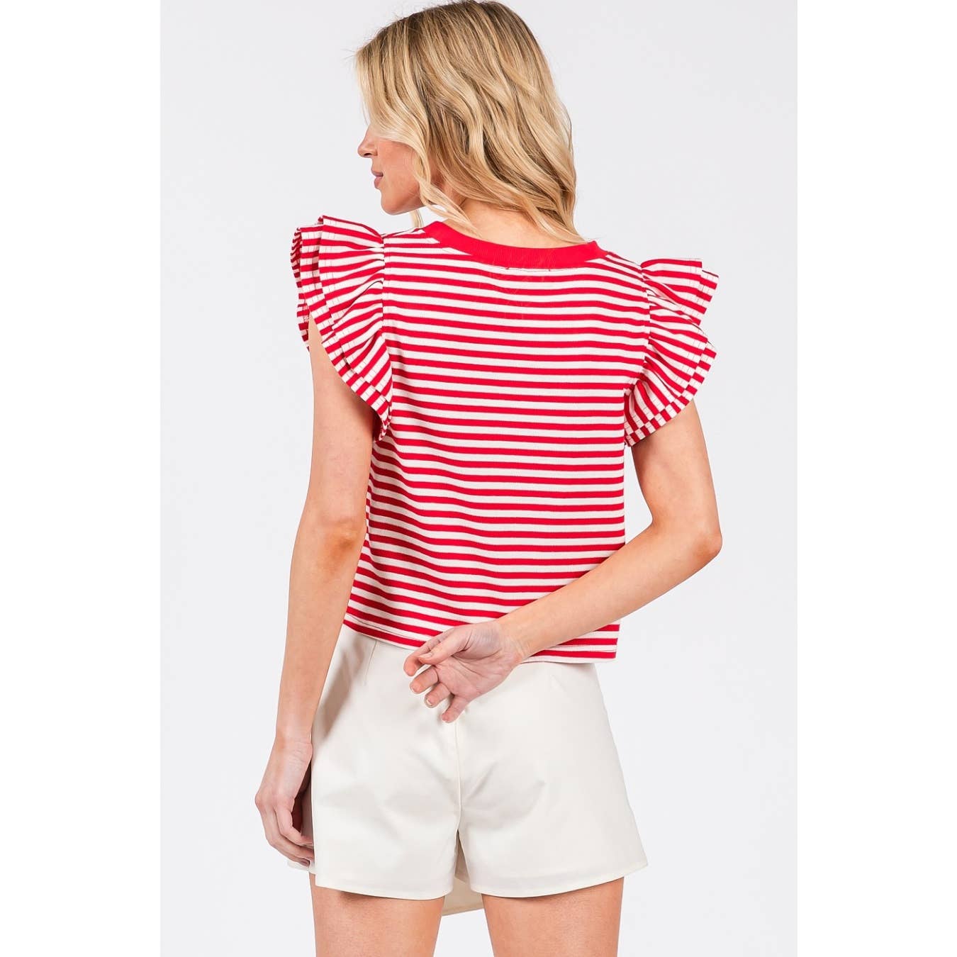 STRIPED DOUBLE RUFFLE SHORT SLEEVE CONTRAST TOP