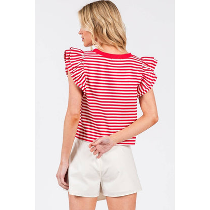 STRIPED DOUBLE RUFFLE SHORT SLEEVE CONTRAST TOP