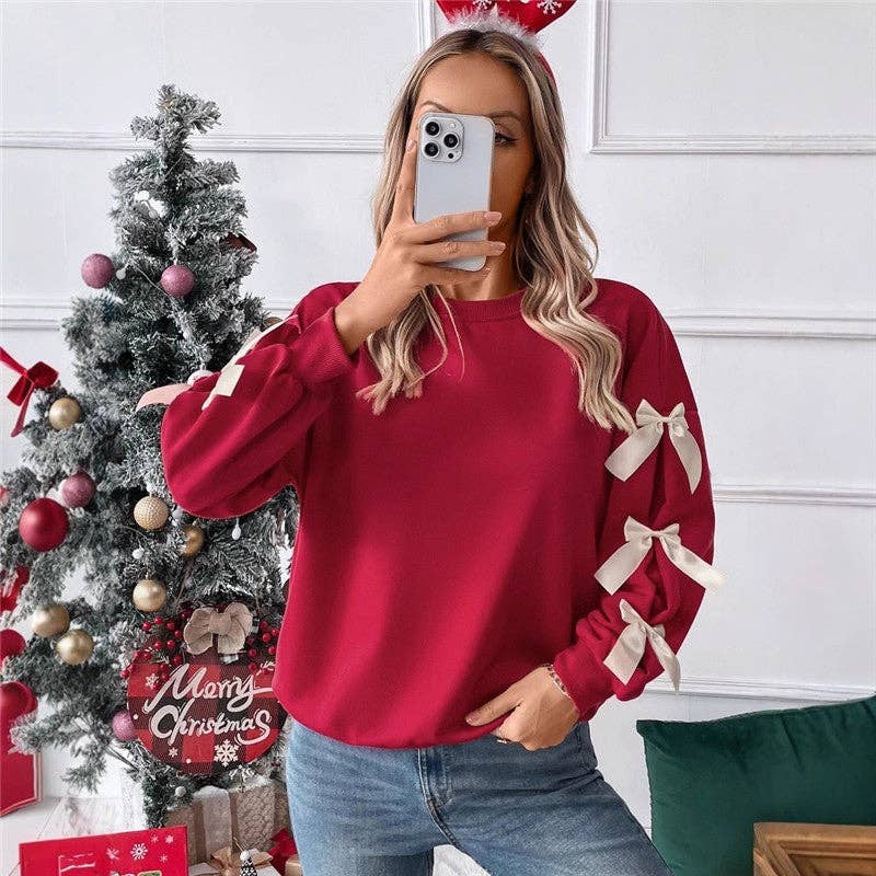 Round Neck Bow Pullover Sweatshirt