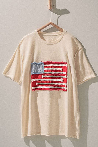 Distressed American Flag Applique Tee with Exposed Seams