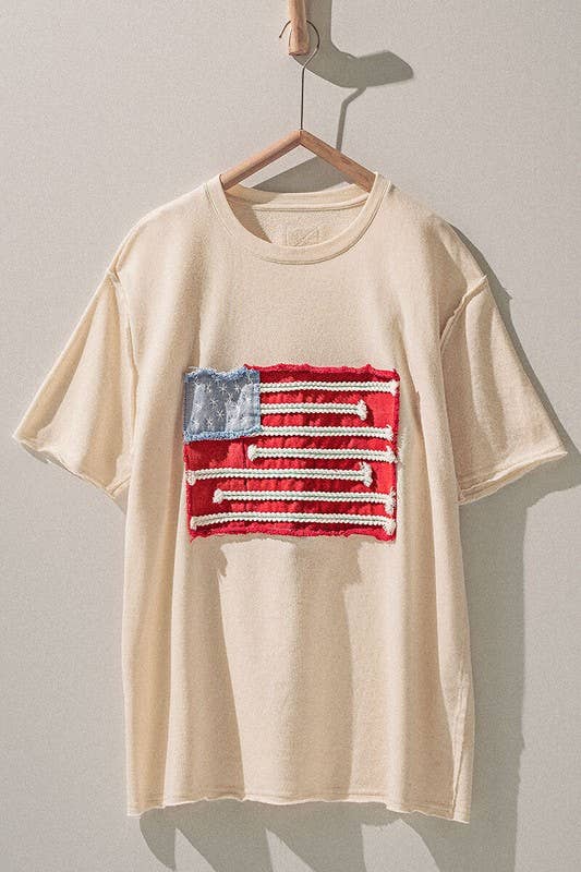 Distressed American Flag Applique Tee with Exposed Seams